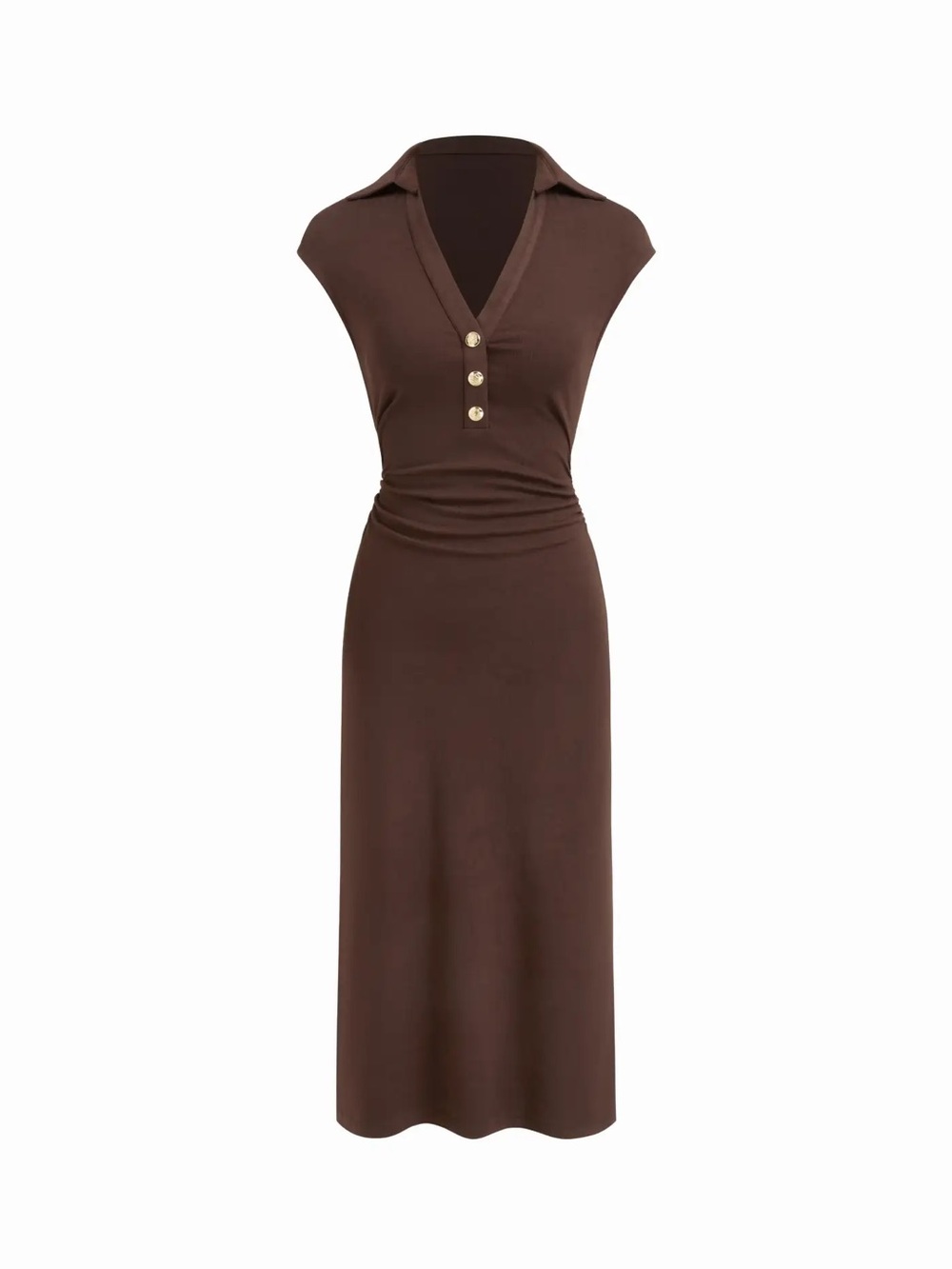 Cider Chocolate Brown Collared Midi Dress with Gold Buttons